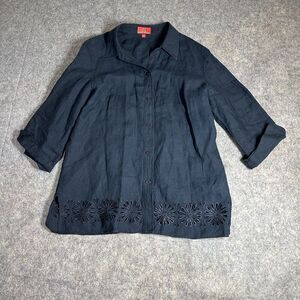 Oscar De La Renta Blazer Shirt Womens L Linen Blue Boxy Lagenlook Embroidered
